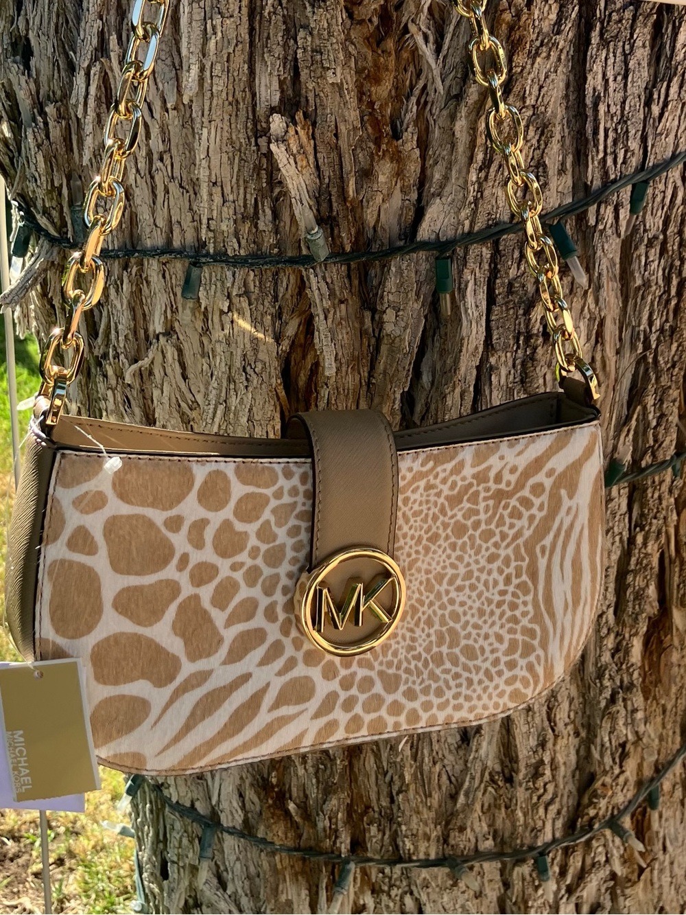 Michael Kors Beige Tan Animal-Print Shoulder Bag with Gold Chain